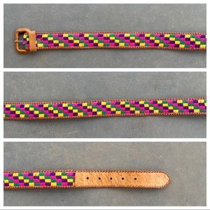 VINTAGE Colorful Woven Guatemalan Textile & Tooled Leather Belt Size Large